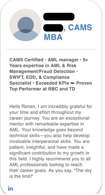 LinkedIn recommendation from a CAMS-certified AML manager with nine years in AML and risk management