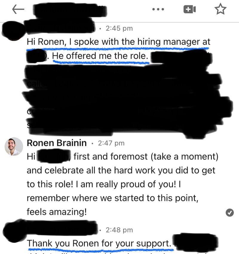 Redacted client message about an offer from the hiring manager, with Ronen's reply