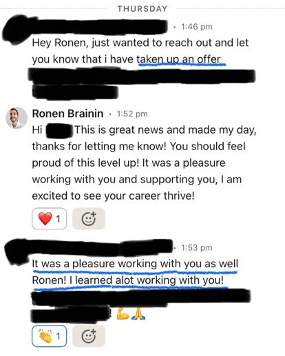 Redacted client message celebrating a new role, with Ronen's reply