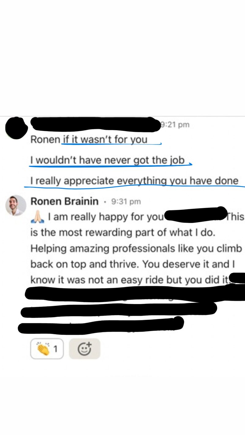 Client message: 'If it wasn't for you I would have never got the job — I really appreciate everything you have done'