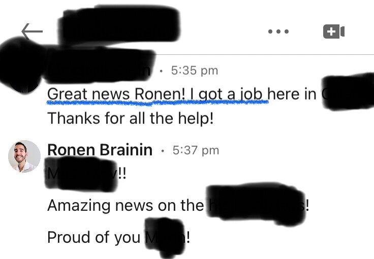 Client message: 'Great news Ronen, I got a job — thanks for all the help'