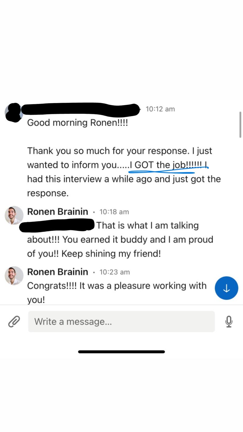 LinkedIn message: 'I GOT the job!!!' with Ronen's congratulations