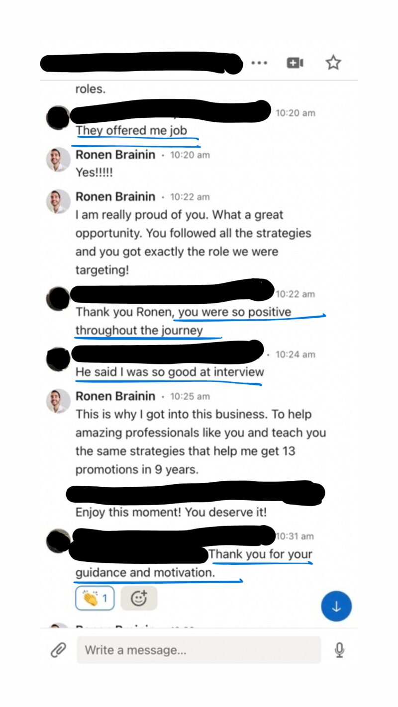 Redacted chat conversation sharing an offer, with Ronen's reply