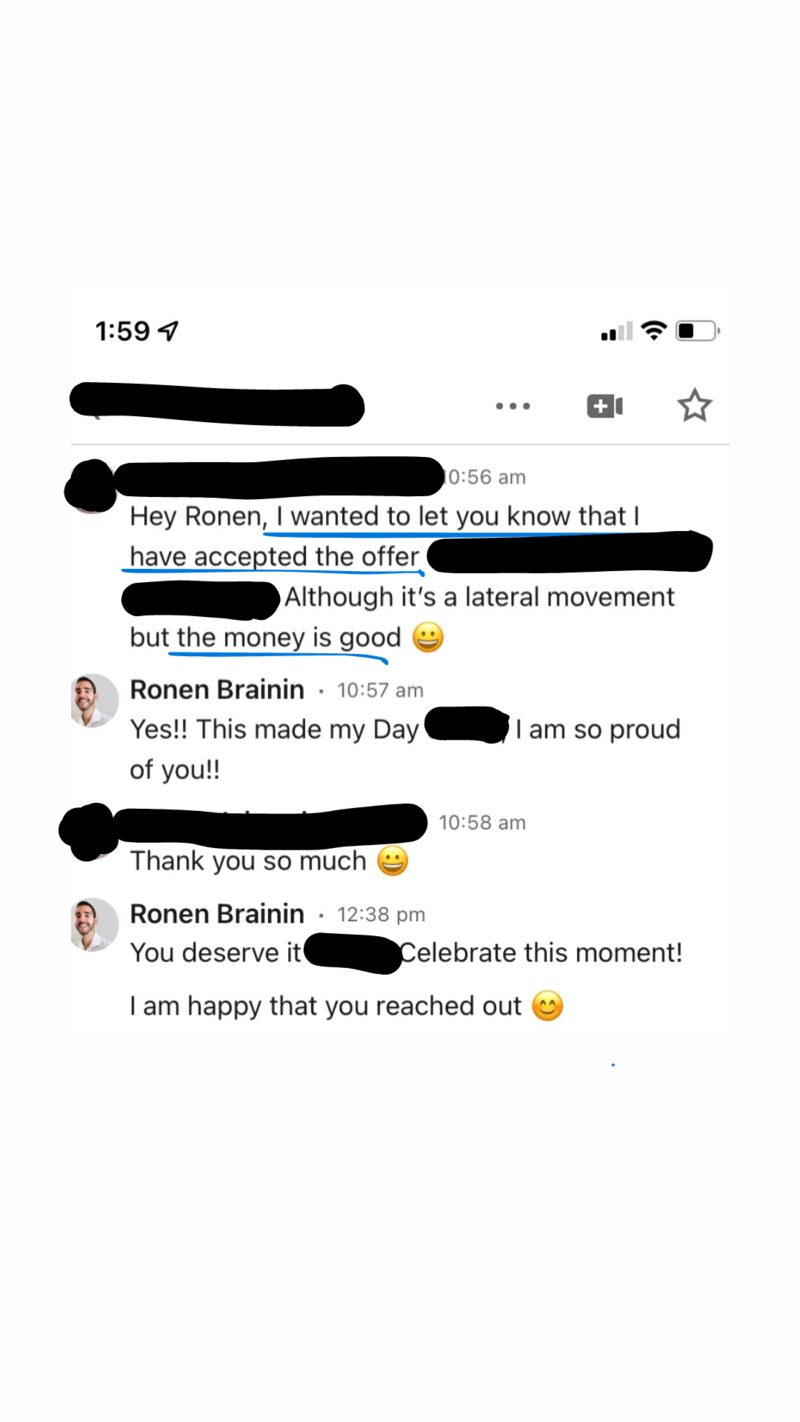 Redacted chat: client sharing that the offer has been accepted, with Ronen's reply