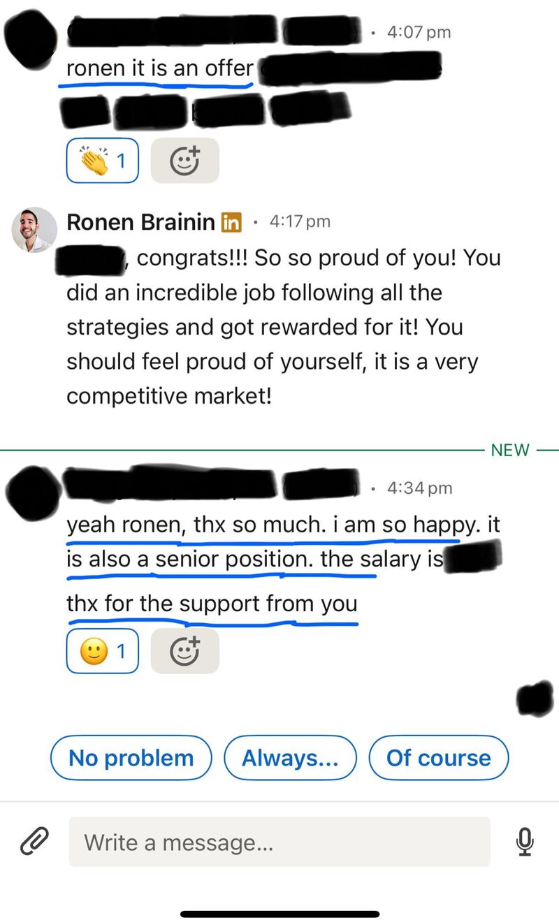Redacted client message reporting an accepted offer, with Ronen's reply