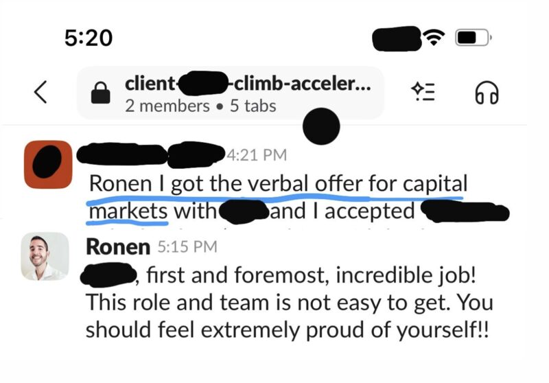 Program chat message: verbal offer for a capital-markets role, accepted