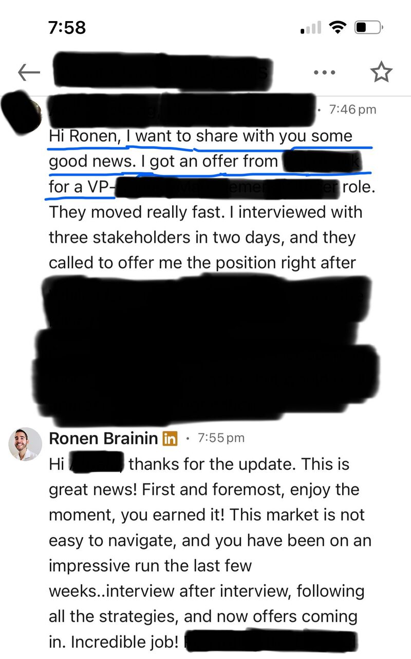 Client message sharing good news on an offer after three stakeholder interviews