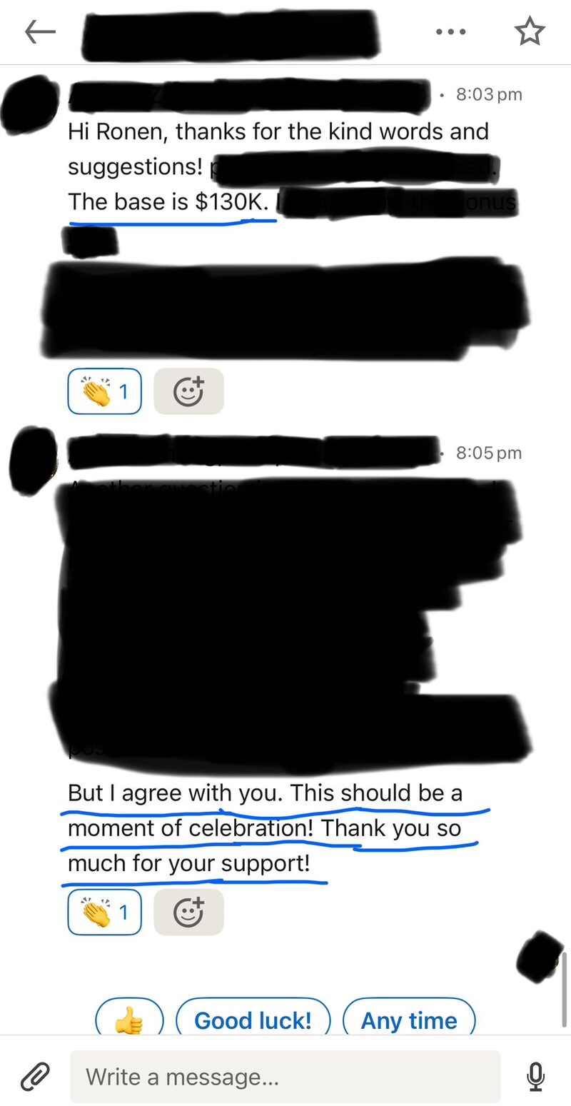 Redacted client conversation reporting an offer, with Ronen's congratulations