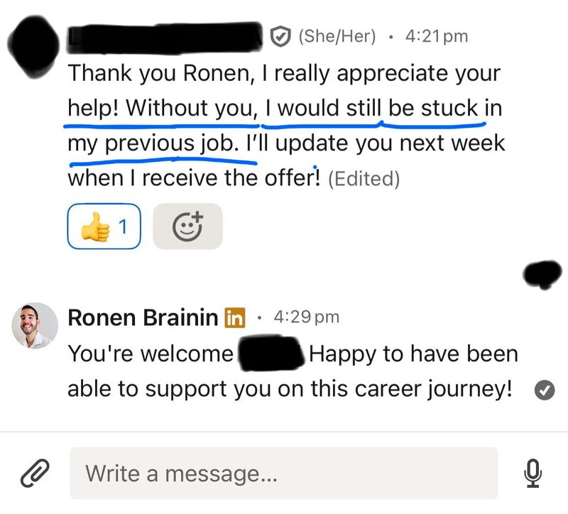 Client message thanking Ronen while an offer for their target job is being finalized