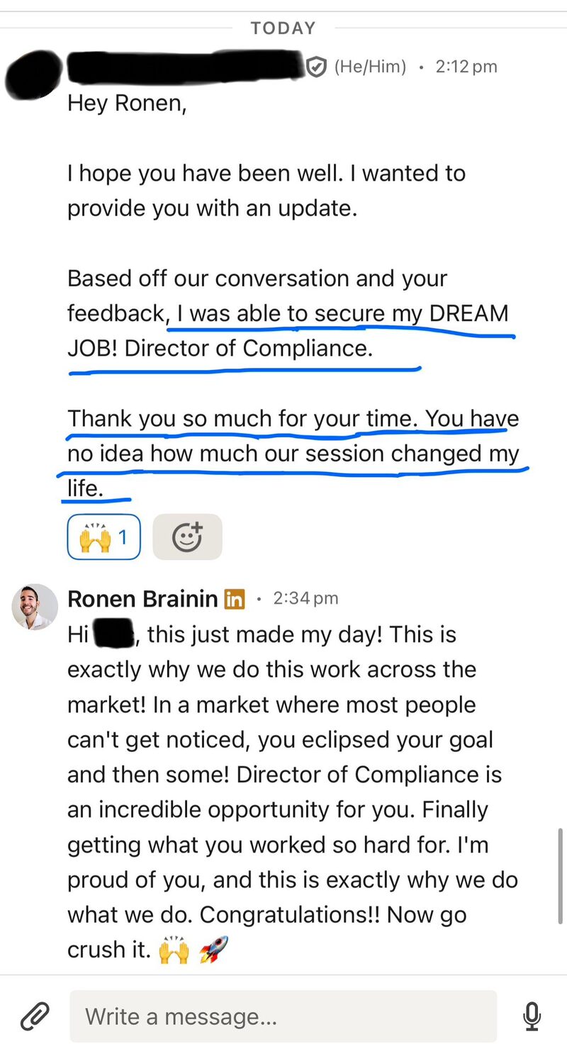 Redacted client conversation sharing a signed offer with Ronen