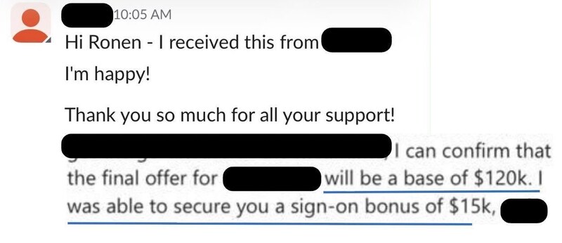 Client message to Ronen: the final offer is confirmed at a $120k base with a $15k sign-on bonus