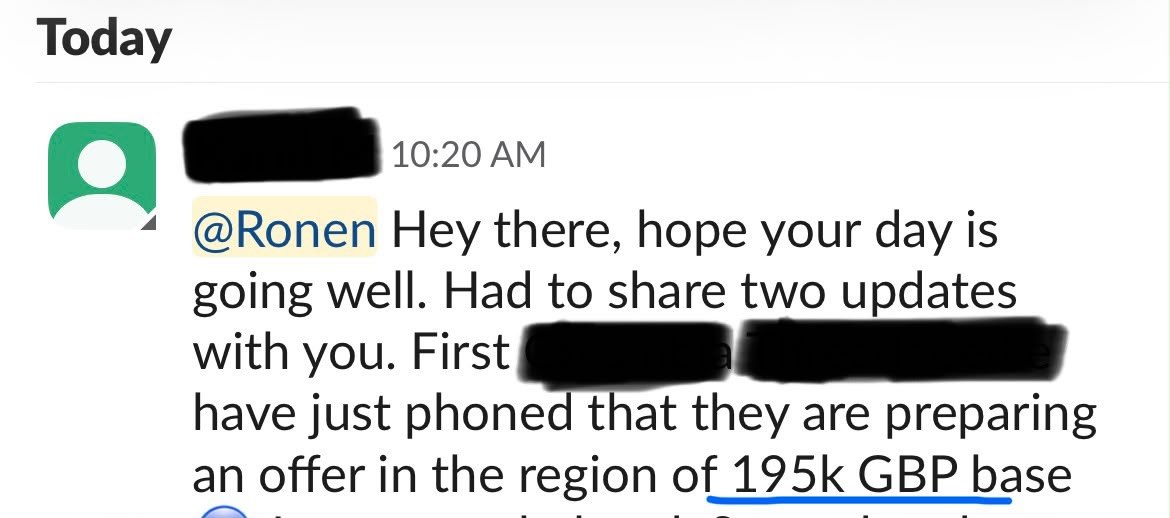 Client message to Ronen: an offer being prepared in the region of 195k GBP base