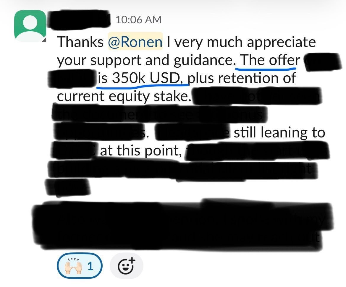 Client message to Ronen: the offer is 350k USD, plus retention of current equity stake