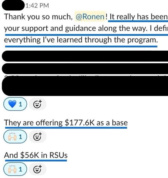 Client message to Ronen: grateful for the program, offered 177.6K base plus 56K in RSUs