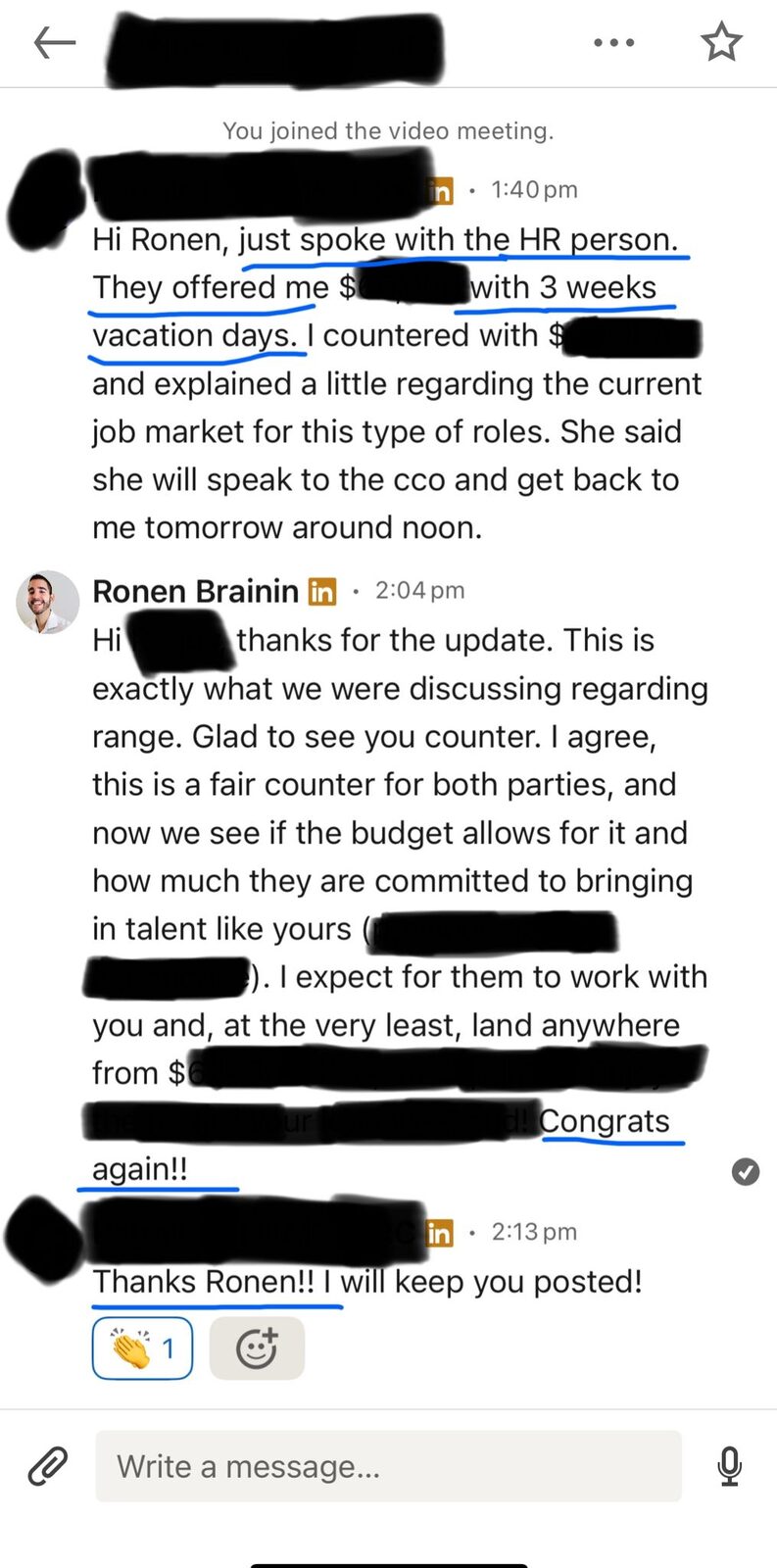 Long client conversation reporting an offer and thanking Ronen for the process