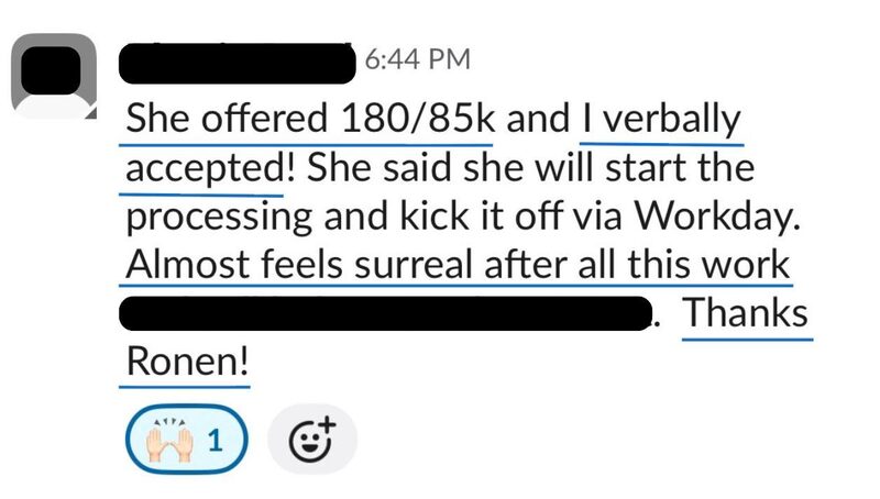 Client message: an offer of 180/85k verbally accepted — 'almost surreal'