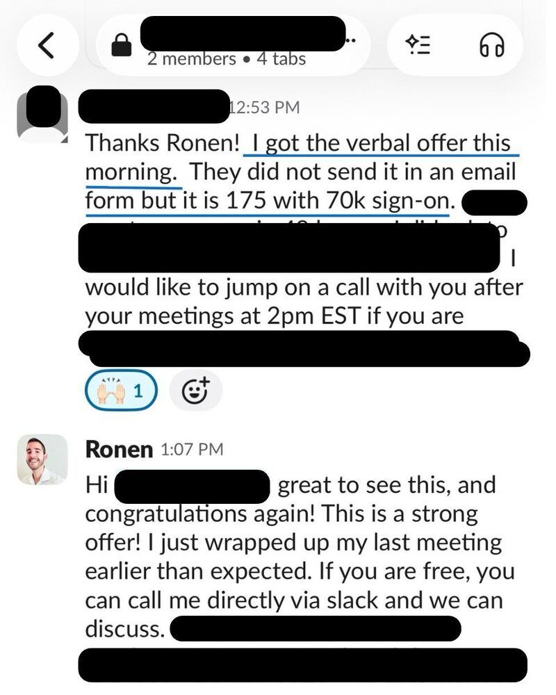 Client message: written offer at a $185,000 base salary, matching the negotiated ask