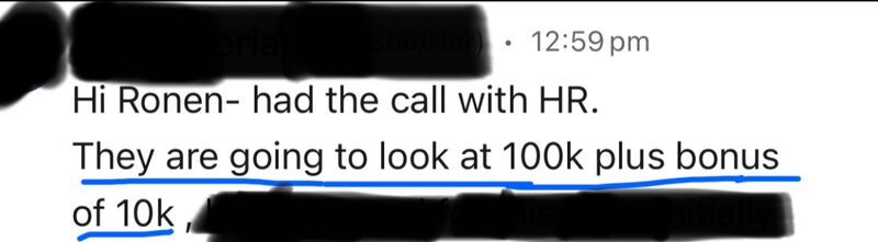 Client message after the HR call: compensation around $100k plus bonus