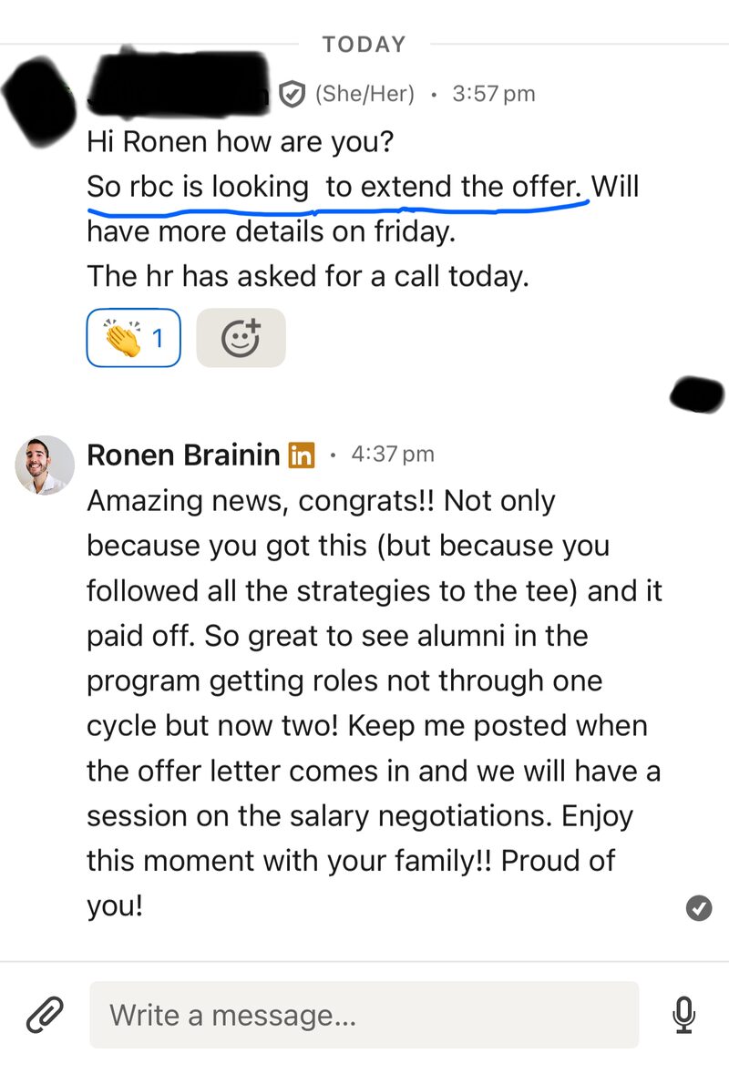 Client message: RBC extending an offer, with Ronen's reply planning the salary negotiation session