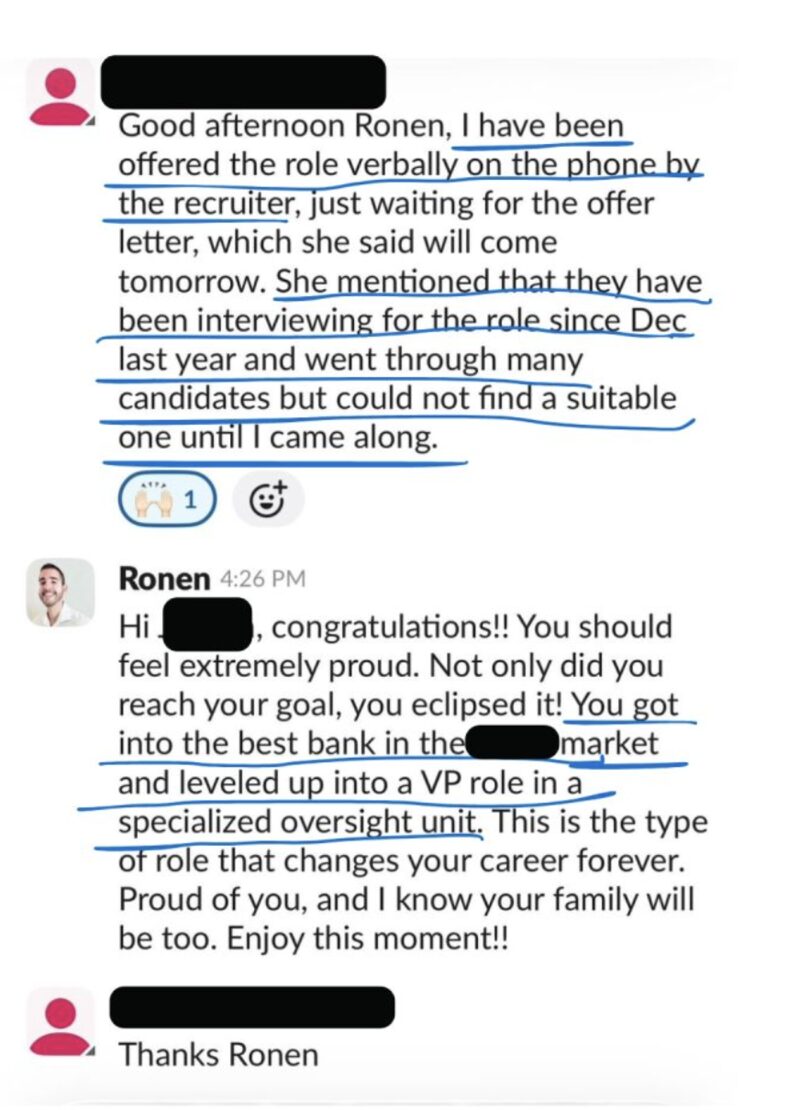 Client message: verbally offered a VP role in a specialized oversight unit, after the bank searched for over half a year